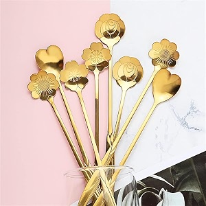 flower spoons gold stainless steel petal spoon long handle mixing coffee teaspoon ice cream dessert scoop golden spoons-8pcs