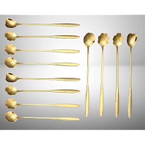 flower spoons gold stainless steel petal spoon long handle mixing coffee teaspoon ice cream dessert scoop golden spoons-12pcs