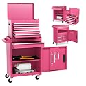 Goplus Pink Tool Chest, 5 Drawers Rolling Tool Cabinet w/Detachable Top Toolbox, Universal Lockable Wheels,Lock Bar,Protective Liner,Tool Rack, Metal Tool Storage Cart, Tool Box for Garage Workshop