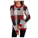 GORGLITTER Women's Argyle Checkered Sweater Plaid Long Sleeve Fall Knit Sweater Pullover Tops Burgundy X-Large