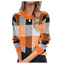 GORGLITTER Women's Argyle Checkered Sweater Plaid Long Sleeve Fall Knit Sweater Pullover Tops Orange Small