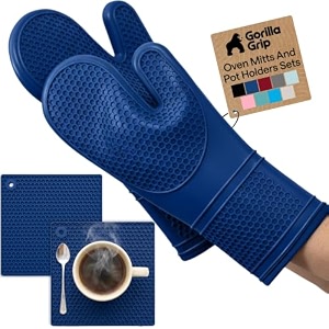 gorilla grip bpa-free silicone oven mitts and pot holders set blue