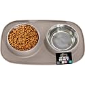 GORILLA GRIP Dog Bowl Set with Feeding Mat, 304 Stainless Steel 4 Cup Beige