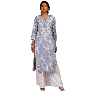 GoSriKi Cotton Blend Embroidered Straight Kurta for