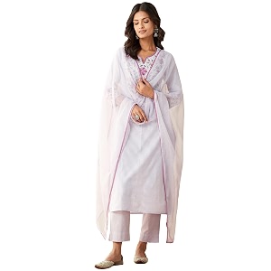 gosriki women39s cotton blend embroidered straight kurta with pant amp dupatta