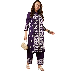 GoSriKi Womens Cotton Blend Straight Chikankari Embroidered