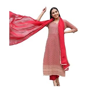 GoSriKi Womens Cotton Blend Embroidered Straight Kurta