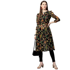 GoSriKi Womens Chiffon Angrakha Kurta KT-COT-10157-BLACK-GO