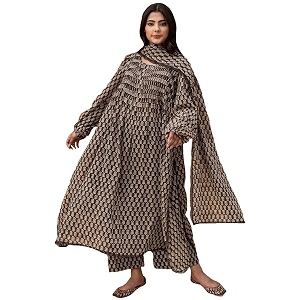 GoSriKi Womens Kashmiri Faren Abaya Black Hand-Block