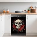 Gothic Skull Dishwasher Magnets Decorative Cover,Halloween Red Rose Flower Waterproof Magnetic Dishwasher Cover Panel,Refrigerator Magnet Cover for Kitchen Home Decor 23x26 Inch