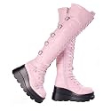 Gothniero Black Platform Boots Over Knee Thigh High Goth Boots for Women Chunky Heel Rave Motorcycle Boots with Buckles Side Zip Lace Boots Size5.5-10