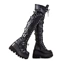 Gothniero Black Platform Boots Over Knee Thigh High Goth Boots for Women Chunky Heel Rave Motorcycle Boots with Buckles Side Zip Lace Boots Size5.5-10