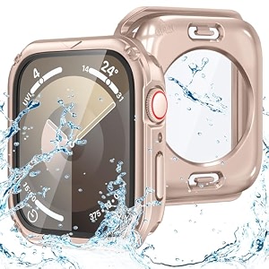 goton 2 in 1 waterproof rugged case for apple watch series 8 series 7 45mm screen protector 360 protective glass face cover hard pc bumper  back frame for iwatch 7 8 accessories 45 mm rose gold