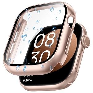 goton waterproof case for apple watch series 10 screen protector 46mm tempered glass hard pc bumper face cover compatible with iwatch accessories 46 mm original rose gold