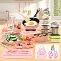 Gotoofun Kid Cooking Sets Real Mini Kitchen, Food Making for Beginner Children 8 9 10 11 12 Boys Girls Cooking Educational Toys, Junior Easy Safe Montessori Tools Dishes Knife Set-Pink