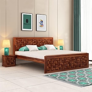 sheesham wood king size bed without storage  wooden bed king size double cot palang bed for bedroom  niwar design headboard bed for living room  honey finish