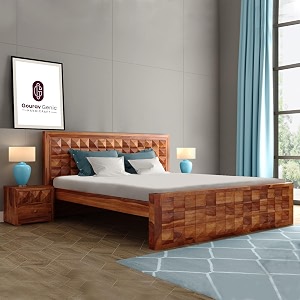 sheesham wood king size bed without storage  wooden bed king size double cot palang bed for bedroom  diamond design headboard bed for living room  honey finish