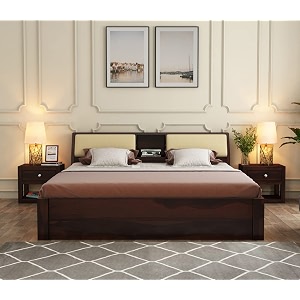 solid sheesham wood king size bed with upholstered headboard premium wooden double bed for bedroom modern platform bed elegant walnut finish durable design
