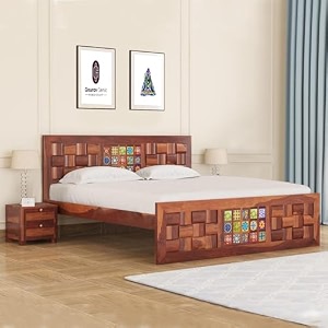 sheesham wood king size bed without storage  wooden bed king size double cot palang bed for bedroom  niwar tile design headboard bed for living room  honey finish