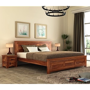 sheesham wood queen size bed without storage  wooden bed queen size double cot palang bed for bedroom  kuber design headboard bed for living room  honey finish