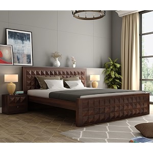 sheesham wood queen size bed without storage  wooden bed queen size double cot palang bed for bedroom  diamond design headboard bed for living room  walnut finish