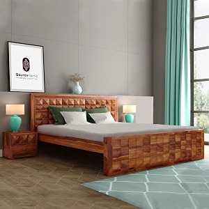 sheesham wood queen size bed without storage  wooden bed queen size double cot palang bed for bedroom  diamond design headboard bed for living room  honey finish