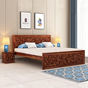 sheesham wood queen size bed without storage  wooden bed queen size double cot palang bed for bedroom  niwar design headboard bed for living room  honey finish
