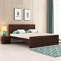 Sheesham Wood Queen Size Bed Without Storage | Wooden Bed Queen Size Double Cot Palang Bed for Bedroom | Niwar Design Headboard Bed for Living Room | Walnut Finish