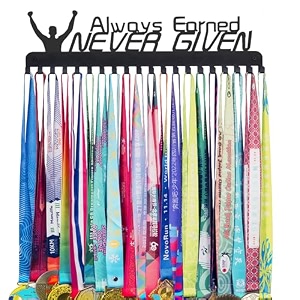 goutoports medal holder display hanger rack frame for sport race runner-always earned never given -sturdy black steel metal over 60 medals easy to install
