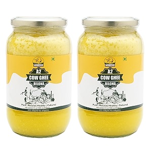 gouveda traditional bilona a2 gir cow vedic ghee  pure and healthy desi gir cow ghee  glass bottle  vedic hand churned bilona method  grassfed cows cultured premium amp traditional ghee 1l x 2 glass bottle