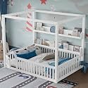 GOWE Full Size Canopy Bed with Guardrails, Solid Wood Floor Bed with Shelves, Montessori Floor Bed Frame for Kids, Boys, Girls, No Spring Box Needed, White