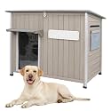 Gowoodhut Dog House Outdoor Weatherproof & Wooden Dog Kennel with Chew-Proof Iron Frame，Removable Floor, Adjustable Vent Window, Easy Assembly for Medium Dogs (43.3" L x 29.5" W x 33.5" H)