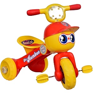 goyal39s mr rambo baby tricycle ride-on bicycle foldable rider with music amp lights - abs plastic amp unbreakable rambo red