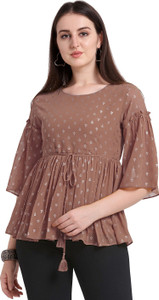 grab the fab party flared sleeves printed women brown top