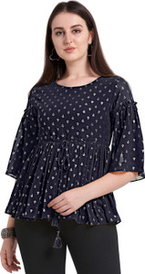 grab the fab party flared sleeves printed women dark blue top