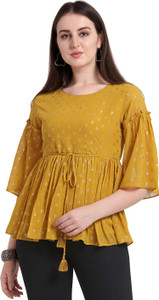 grab the fab party flared sleeves printed women yellow top