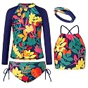 GRACE KARIN Girls Swimsuit Tankini Set Rash Guard Long Sleeve Swimsuit 4 Piece Bathing Suit Swimwear 5-14Y