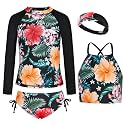 GRACE KARIN Girls Swimsuit Tankini Set Rash Guard Long Sleeve Swimsuit 4 Piece Bathing Suit Swimwear 5-14Y