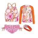 GRACE KARIN Girls Swimsuit Tankini Set Rash Guard Long Sleeve Swimsuit 4 Piece Bathing Suit Swimwear 5-14Y