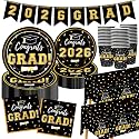 Graduation Decorations 2026 Disposable Black Graduation Tableware Kit for 25 Guests Plates Napkins Cups Tablecloth Hanging Graduation Party Decorations 2026