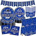 Graduation Decorations 2026 Disposable Blue Graduation Tableware Kit for 25 Guests Plates Napkins Cups Tablecloth Hanging Graduation Party Decorations 2026