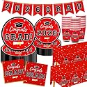 Graduation Decorations 2026 Disposable Red Graduation Tableware Kit for 50 Guests Plates Napkins Cups Tablecloth Hanging Graduation Party Decorations 2026