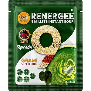 grami superfoods renergee 9 millets instant spinach soup  gluten-free  healthy instant millet soup powder  perfect for kids and adults  no corn starch  no preservative  no msg  low gi  nutrient-rich  high fiber  instant energy booster  weight loss management  diabetic friendly  vegetable soup - pack of 12 240g 