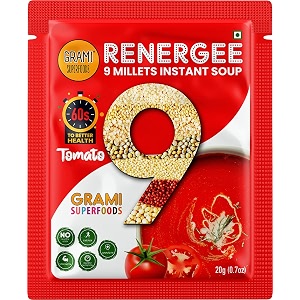 grami superfoods renergee 9 millets instant tomato soup  gluten-free  healthy instant millet soup powder  perfect for kids and adults  no corn starch  no preservative  no msg  low gi  nutrient-rich  high fiber  instant energy booster  weight loss management  diabetic friendly  vegetable soup - pack of 12 240g 