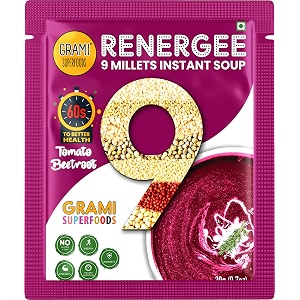 grami superfoods renergee 9 millets instant tomato beetroot soup  gluten-free  healthy instant millet soup powder  perfect for kids and adults  no corn starch  no preservative  no msg  low gi  nutrient-rich  high fiber  instant energy booster  weight loss management  diabetic friendly  vegetable soup - pack of 12 240g 