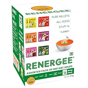 grami superfoods renergee 9 millets instant assorted soup  each pack contains hot amp sour tomato lemon spinach beetroot and pumpkin  gluten-free  healthy instant millet soup powder  perfect for kids and adults  no corn starch  no preservative  no msg  low gi  nutrient-rich  high fiber  instant energy booster  weight loss management  diabetic friendly  vegetable soup - pack of 12 240g 