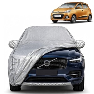 grand i10 100 waterproof car cover  dustproof sun protection cover  soft cotton lining  triple stitched  mirror pocket  antenna pocket  all weather body cover silver with yellow piping