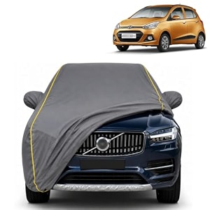 grand i10 100 waterproof car cover  dustproof sun protection cover  soft cotton lining  triple stitched  mirror pocket  antenna pocket  all weather body cover grey with yellow piping