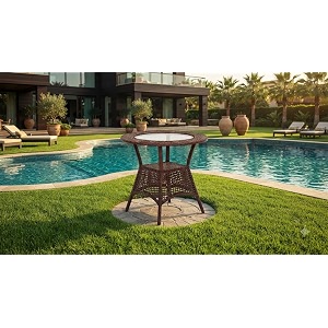 grand living outdoor wicker patio garden table glass top and storage shelf weather-resistant for terrace lawnamp balcony brown