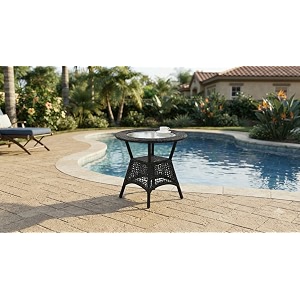 grand living outdoor wicker patio garden table glass top and storage shelf weather-resistant for terrace lawnamp balcony black table